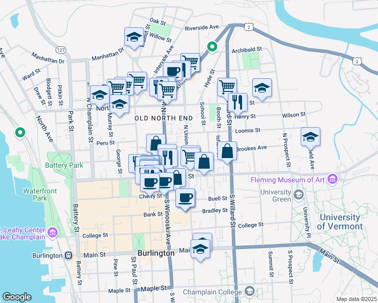 map of restaurants, bars, coffee shops, grocery stores, and more near 5 Loomis Street in Burlington