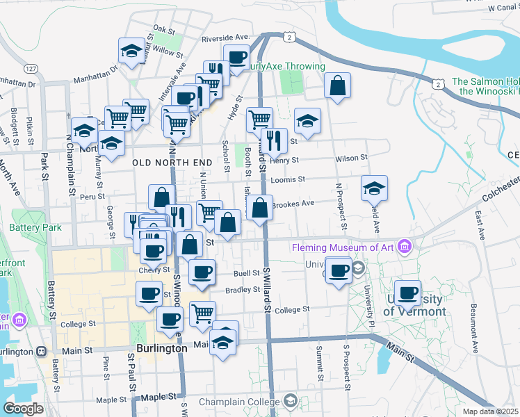 map of restaurants, bars, coffee shops, grocery stores, and more near 43 North Willard Street in Burlington