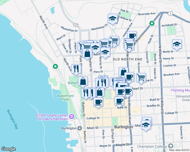 map of restaurants, bars, coffee shops, grocery stores, and more near 52 North Champlain Street in Burlington