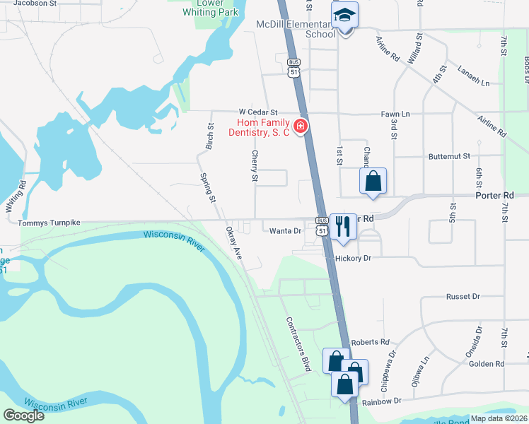 map of restaurants, bars, coffee shops, grocery stores, and more near 3210 Cherry Street in Stevens Point