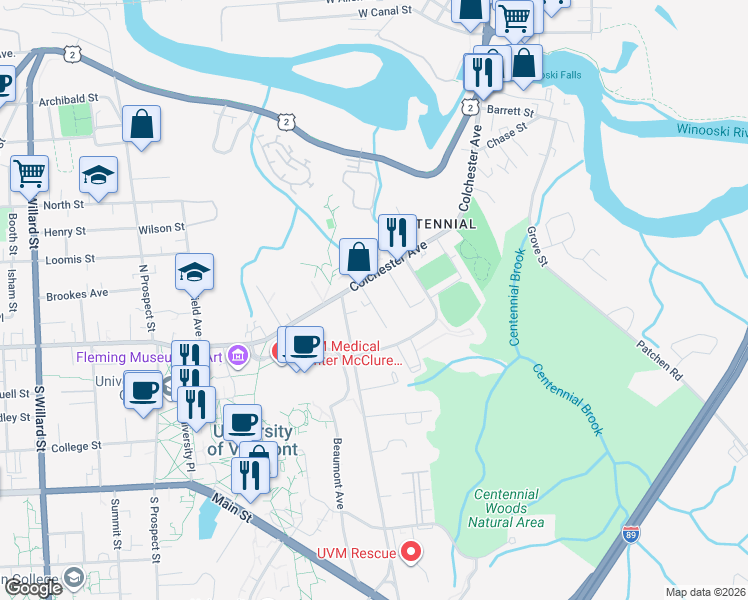 map of restaurants, bars, coffee shops, grocery stores, and more near 243 Colchester Avenue in Burlington