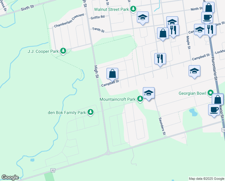 map of restaurants, bars, coffee shops, grocery stores, and more near 250 Campbell Street in Collingwood