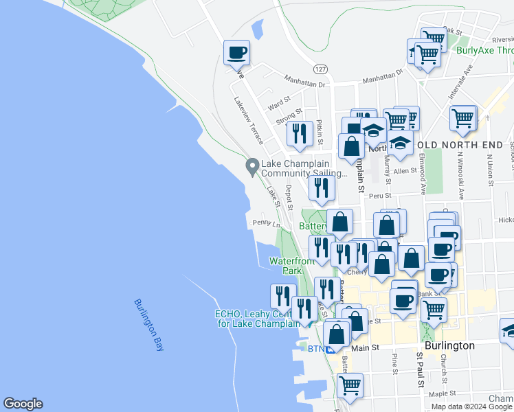 map of restaurants, bars, coffee shops, grocery stores, and more near 1 Lake Street in Burlington