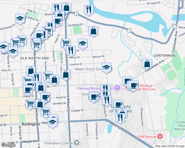 map of restaurants, bars, coffee shops, grocery stores, and more near 59 North Prospect Street in Burlington