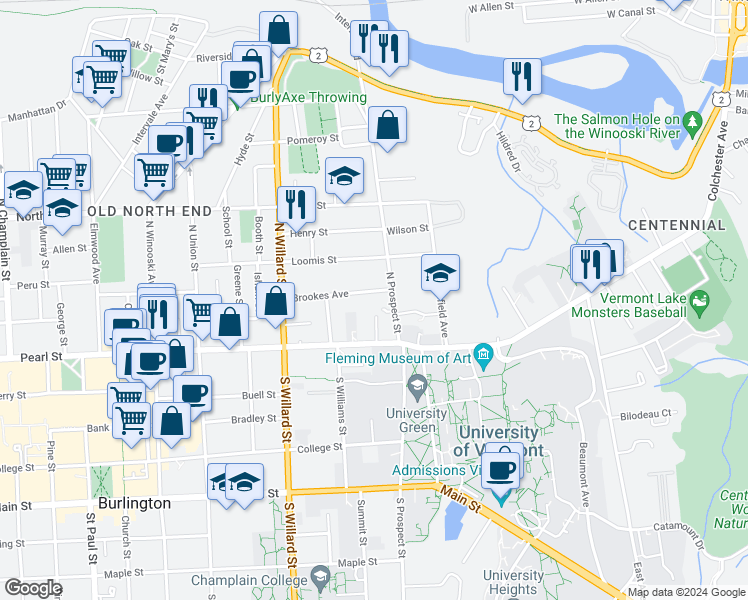 map of restaurants, bars, coffee shops, grocery stores, and more near 59 North Prospect Street in Burlington
