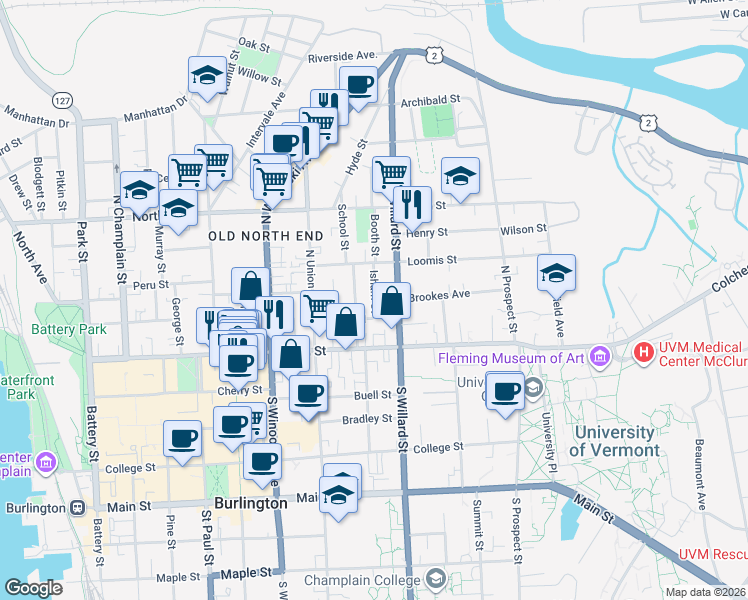 map of restaurants, bars, coffee shops, grocery stores, and more near 64 Greene Street in Burlington
