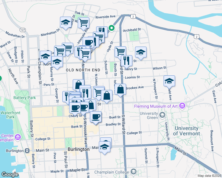 map of restaurants, bars, coffee shops, grocery stores, and more near 64 Greene Street in Burlington