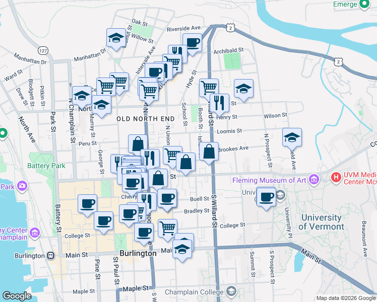 map of restaurants, bars, coffee shops, grocery stores, and more near 64 Greene Street in Burlington