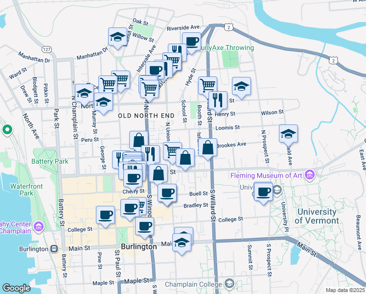map of restaurants, bars, coffee shops, grocery stores, and more near 64 Greene Street in Burlington