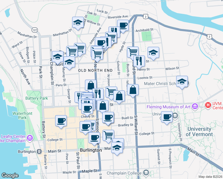 map of restaurants, bars, coffee shops, grocery stores, and more near 5 Loomis Street in Burlington