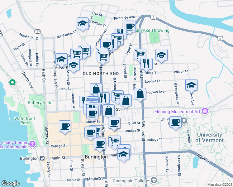 map of restaurants, bars, coffee shops, grocery stores, and more near 5 Loomis Street in Burlington