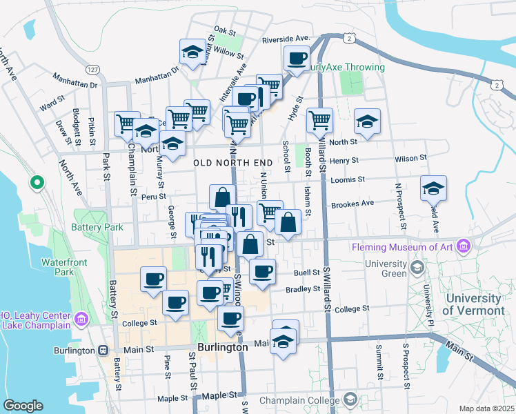 map of restaurants, bars, coffee shops, grocery stores, and more near 78 Grant Street in Burlington