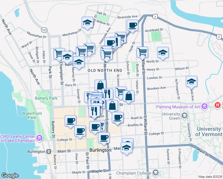 map of restaurants, bars, coffee shops, grocery stores, and more near 78 Grant Street in Burlington