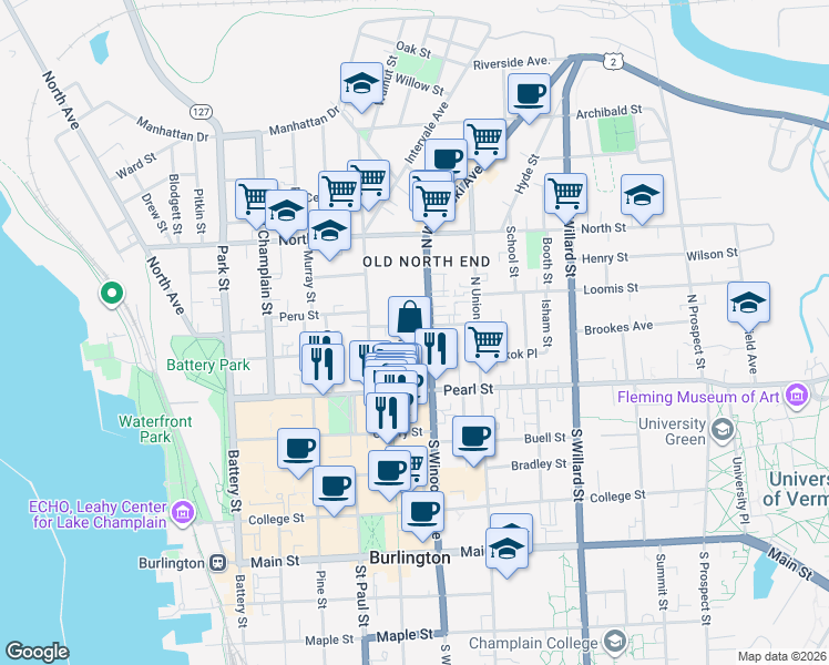 map of restaurants, bars, coffee shops, grocery stores, and more near 42 Grant Street in Burlington