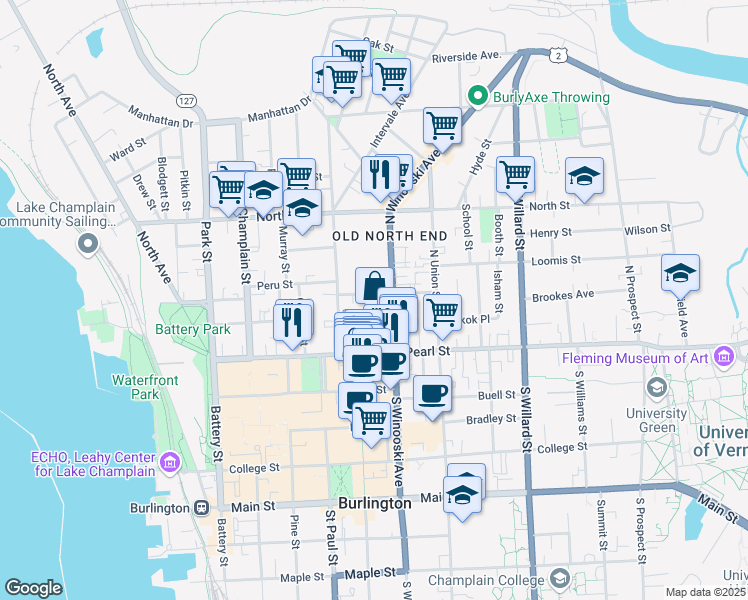 map of restaurants, bars, coffee shops, grocery stores, and more near 42 Grant Street in Burlington