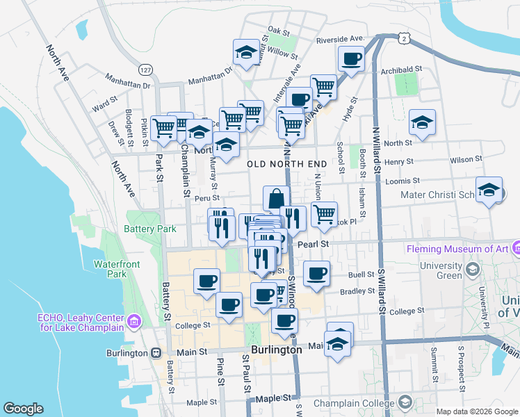 map of restaurants, bars, coffee shops, grocery stores, and more near 72 Elmwood Avenue in Burlington