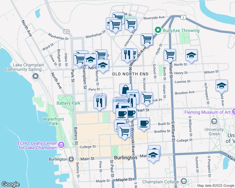 map of restaurants, bars, coffee shops, grocery stores, and more near 72 Elmwood Avenue in Burlington