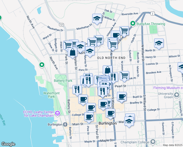 map of restaurants, bars, coffee shops, grocery stores, and more near 65 Peru Street in Burlington