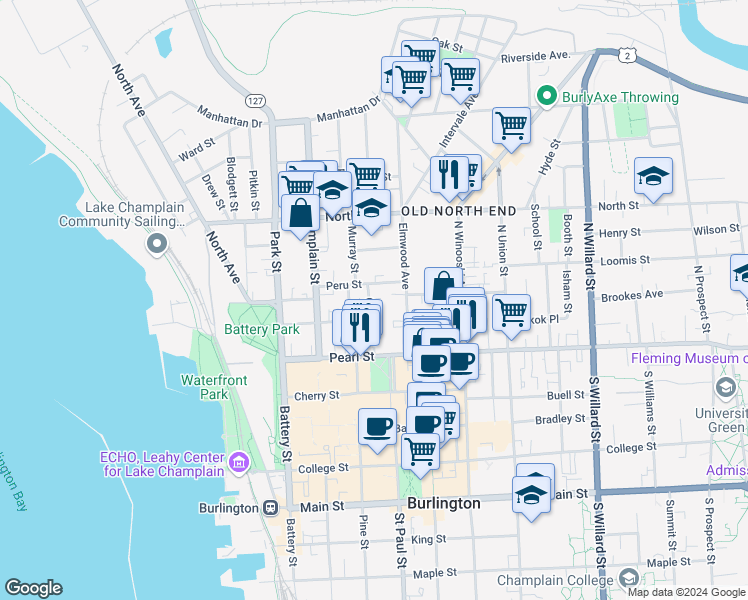 map of restaurants, bars, coffee shops, grocery stores, and more near 65 Peru Street in Burlington