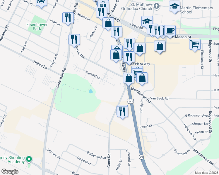map of restaurants, bars, coffee shops, grocery stores, and more near 2236 Imperial Lane in Green Bay