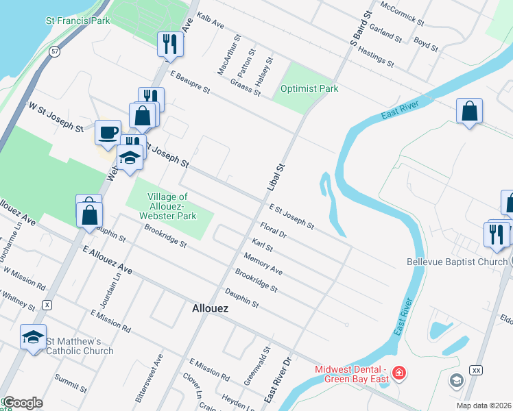 map of restaurants, bars, coffee shops, grocery stores, and more near 418 East Saint Joseph Street in Green Bay