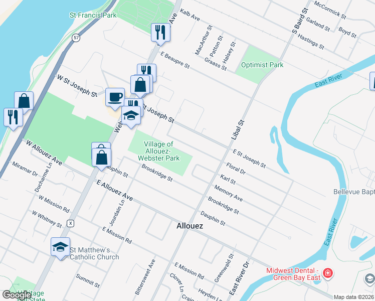map of restaurants, bars, coffee shops, grocery stores, and more near 316 Floral Drive in Green Bay