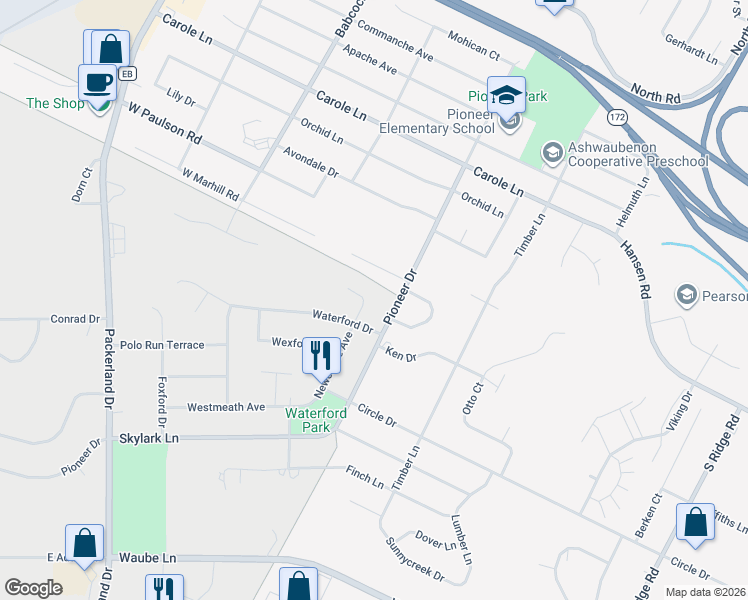 map of restaurants, bars, coffee shops, grocery stores, and more near 2781 Newcastle Court in Green Bay