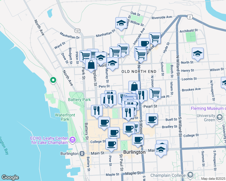 map of restaurants, bars, coffee shops, grocery stores, and more near 65 Peru Street in Burlington