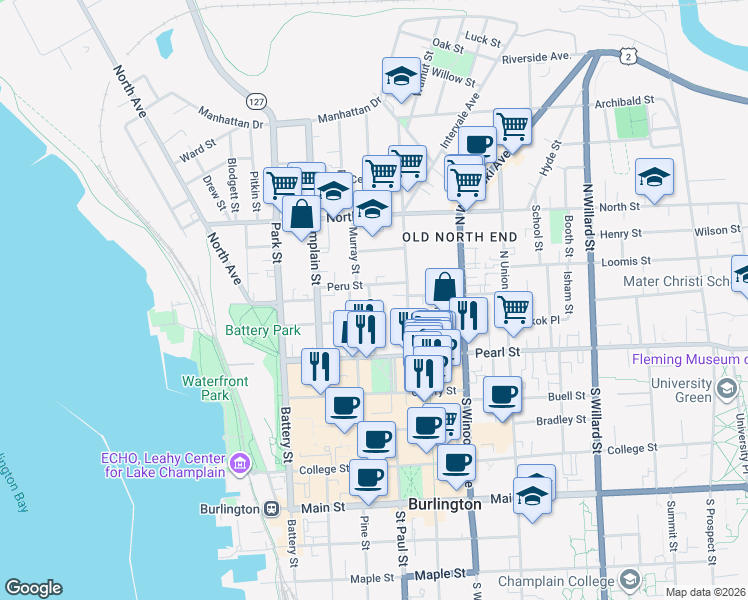 map of restaurants, bars, coffee shops, grocery stores, and more near 65 Peru Street in Burlington