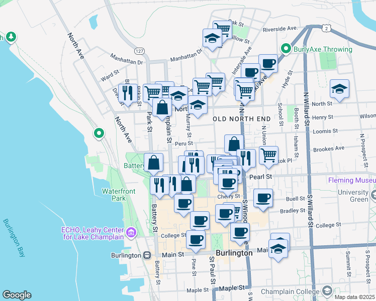 map of restaurants, bars, coffee shops, grocery stores, and more near 22 Johnson Street in Burlington