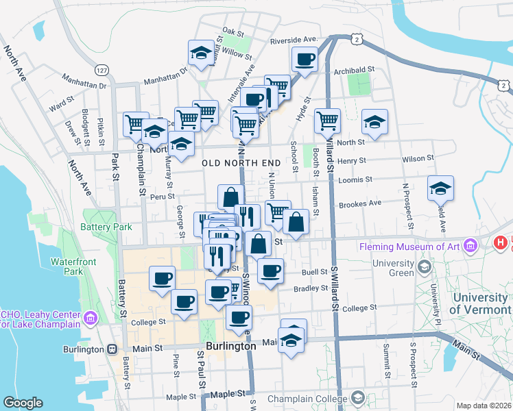 map of restaurants, bars, coffee shops, grocery stores, and more near 78 Grant Street in Burlington