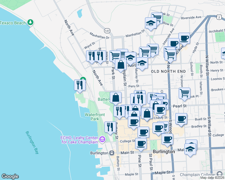 map of restaurants, bars, coffee shops, grocery stores, and more near 67 Park Street in Burlington