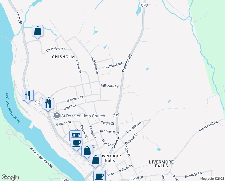 map of restaurants, bars, coffee shops, grocery stores, and more near 5 Hillsdale Road in Jay