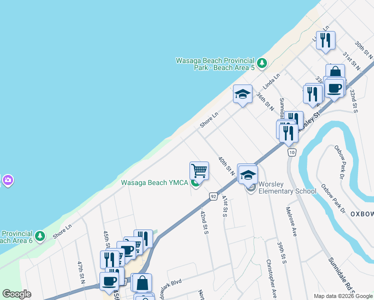 map of restaurants, bars, coffee shops, grocery stores, and more near 40 41st Street North in Wasaga Beach