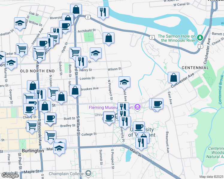 map of restaurants, bars, coffee shops, grocery stores, and more near 59 North Prospect Street in Burlington