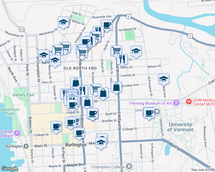 map of restaurants, bars, coffee shops, grocery stores, and more near 64 Greene Street in Burlington