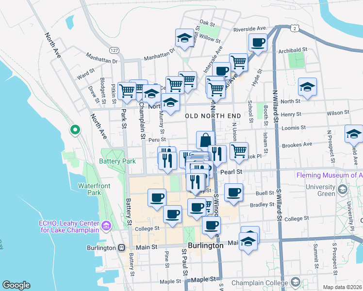 map of restaurants, bars, coffee shops, grocery stores, and more near 72 Elmwood Avenue in Burlington
