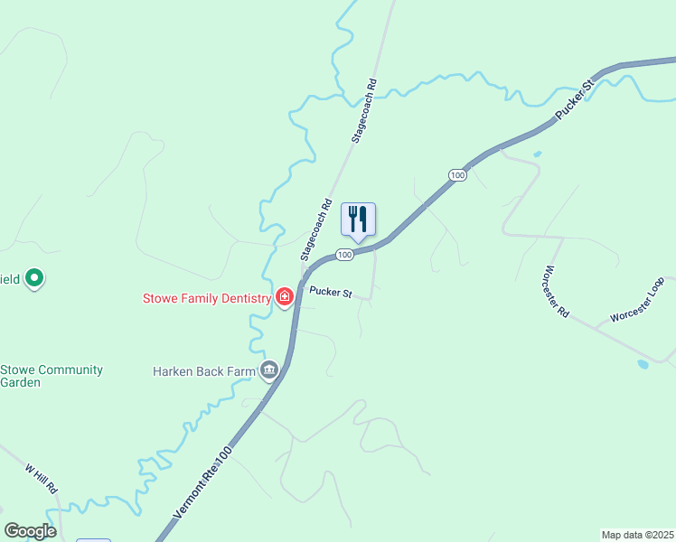 map of restaurants, bars, coffee shops, grocery stores, and more near 1742 Pucker Street in Stowe