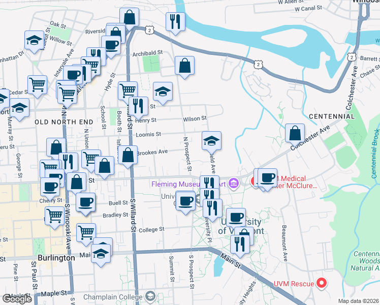 map of restaurants, bars, coffee shops, grocery stores, and more near 59 North Prospect Street in Burlington