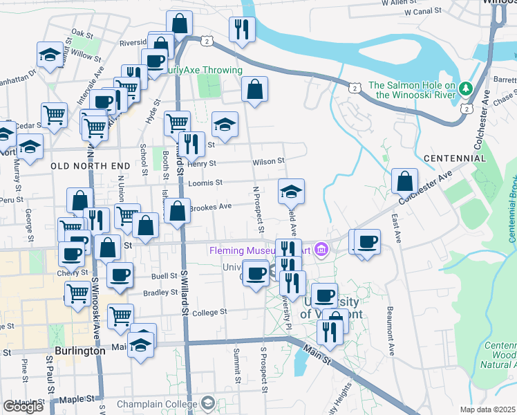 map of restaurants, bars, coffee shops, grocery stores, and more near 59 North Prospect Street in Burlington
