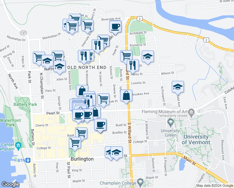 map of restaurants, bars, coffee shops, grocery stores, and more near 64 Greene Street in Burlington