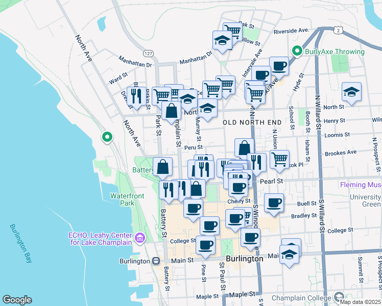 map of restaurants, bars, coffee shops, grocery stores, and more near 25 Peru Street in Burlington