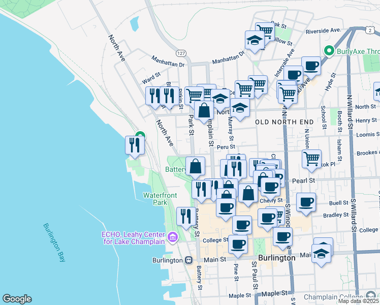 map of restaurants, bars, coffee shops, grocery stores, and more near 67 Park Street in Burlington