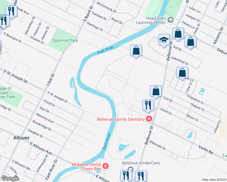map of restaurants, bars, coffee shops, grocery stores, and more near 1600-1626 Windsor Drive in Green Bay