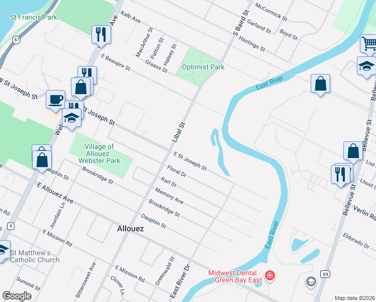 map of restaurants, bars, coffee shops, grocery stores, and more near 1997 Libal Street in Green Bay