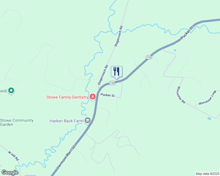 map of restaurants, bars, coffee shops, grocery stores, and more near 1742 Pucker Street in Stowe