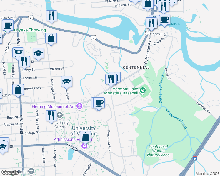 map of restaurants, bars, coffee shops, grocery stores, and more near Colchester Avenue & East Avenue in Burlington