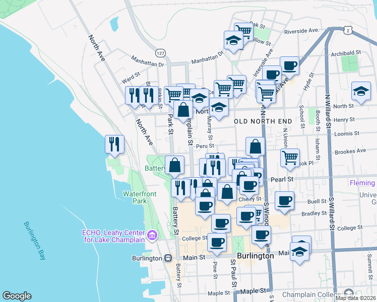 map of restaurants, bars, coffee shops, grocery stores, and more near 57 North Champlain Street in Burlington