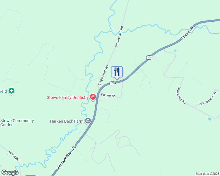 map of restaurants, bars, coffee shops, grocery stores, and more near 1742 Pucker Street in Stowe