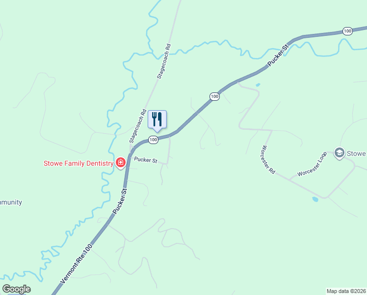 map of restaurants, bars, coffee shops, grocery stores, and more near 282 Wood Road in Stowe